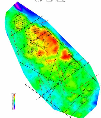 Схема дислокаций, спроецированных на структурную карту пласта В-2